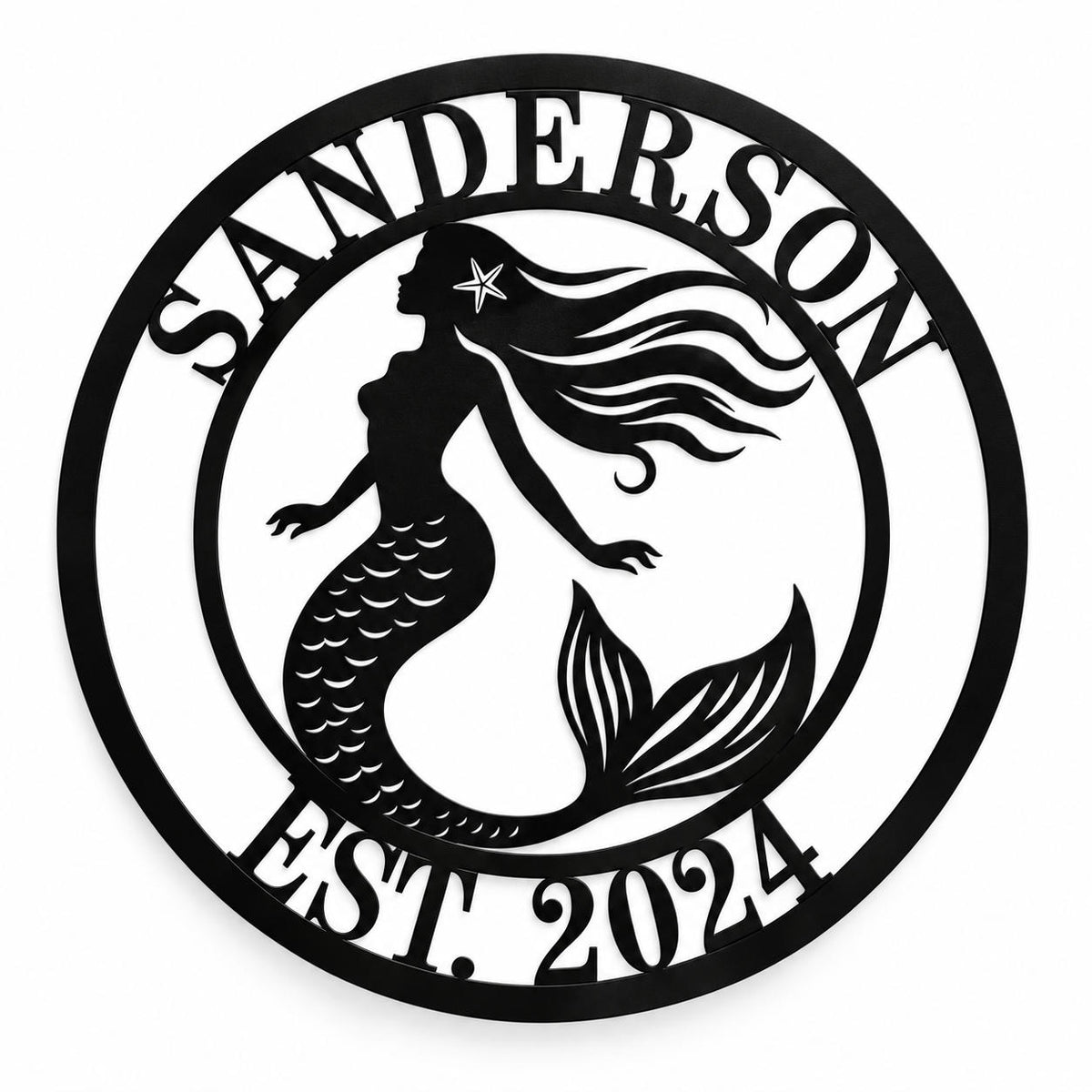 Personalized Sanderson mermaid metal sign with EST. 2024 in a round black design.