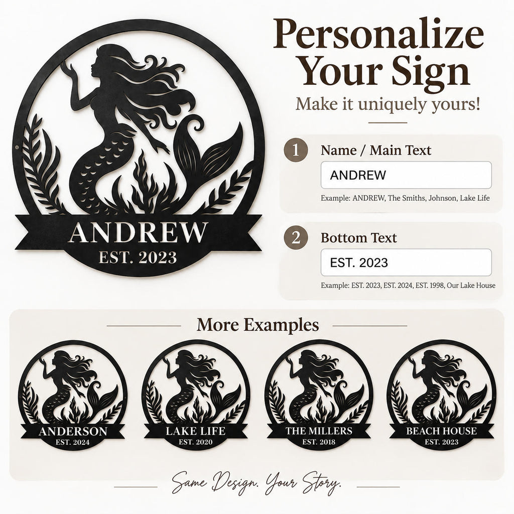 Personalization guide showing how to customize the name and established year on a mermaid metal sign.