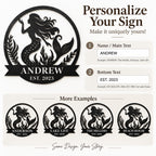 Personalization guide showing how to customize the name and established year on a mermaid metal sign.