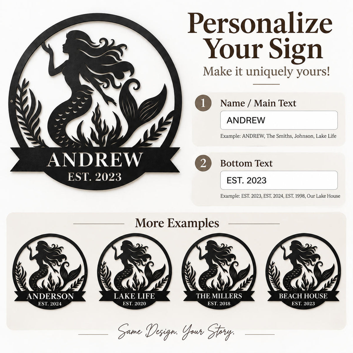 Personalization guide showing how to customize the name and established year on a mermaid metal sign.