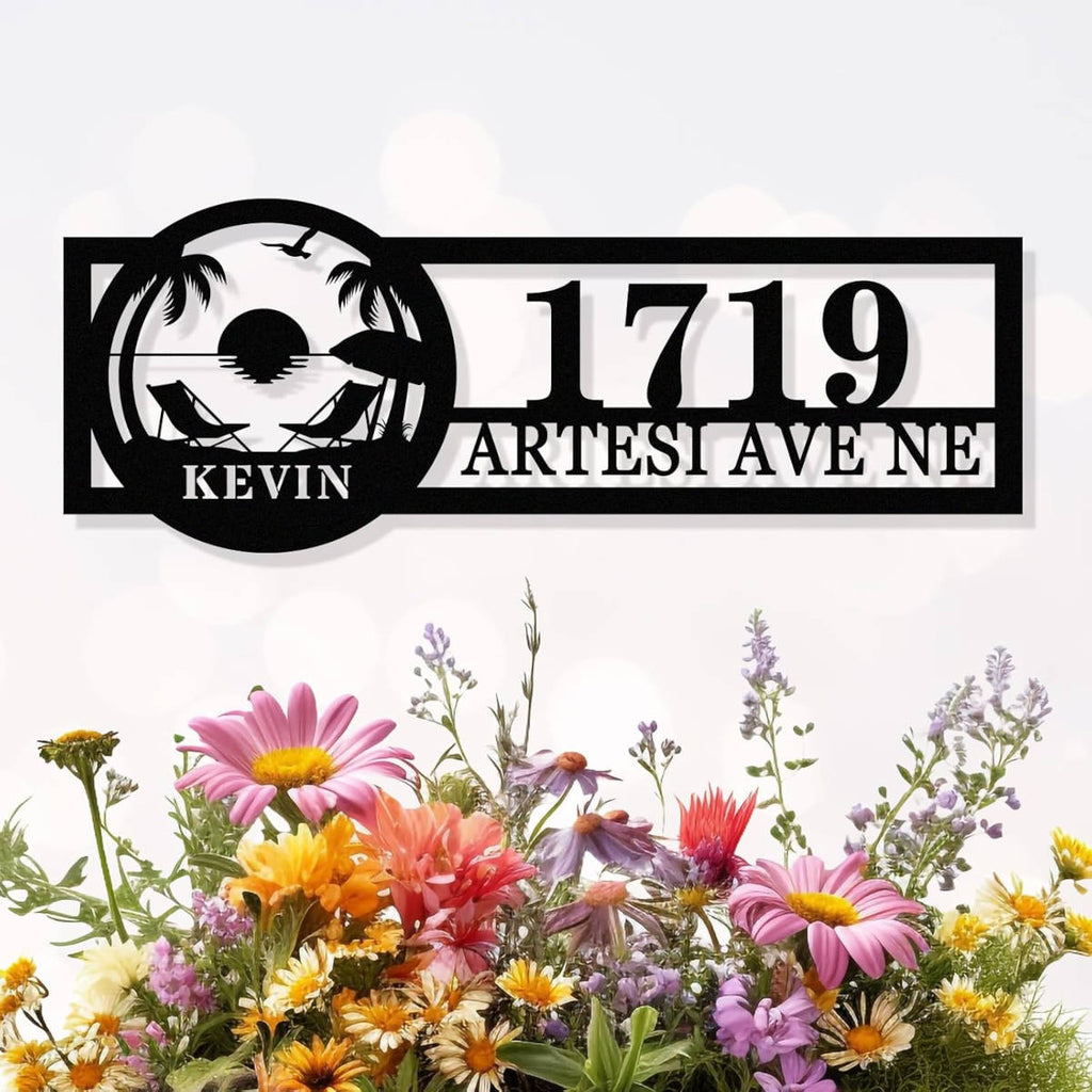 Custom tropical address metal sign with palm trees, ocean design, name Kevin, and house number 1719 for coastal home décor