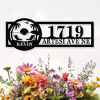 Custom tropical address metal sign with palm trees, ocean design, name Kevin, and house number 1719 for coastal home décor