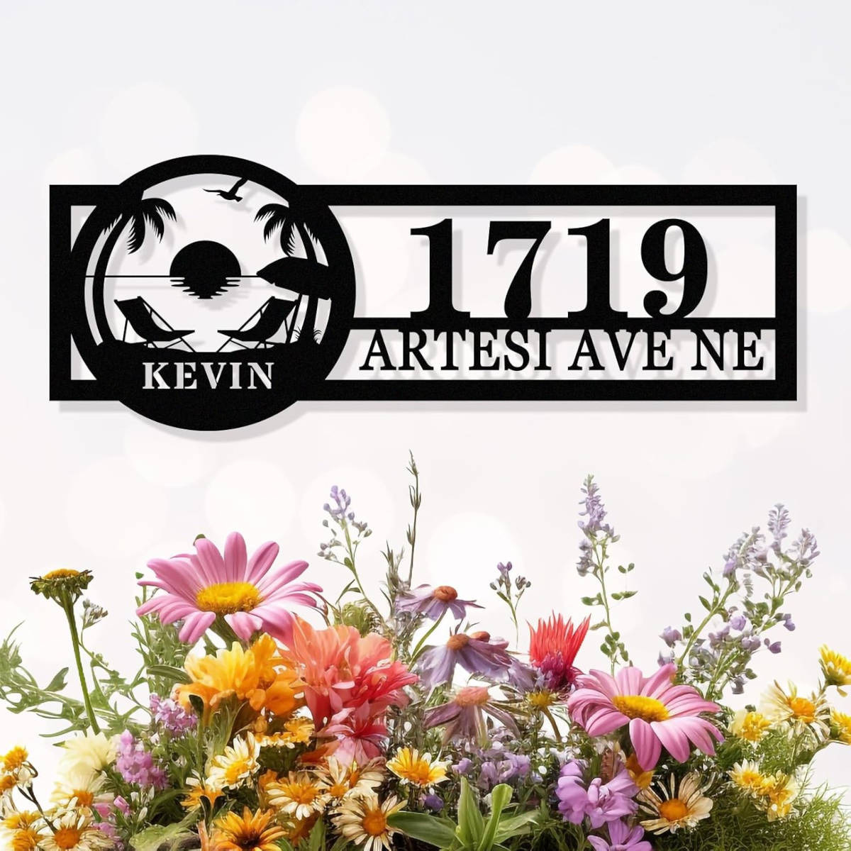 Custom tropical address metal sign with palm trees, ocean design, name Kevin, and house number 1719 for coastal home décor