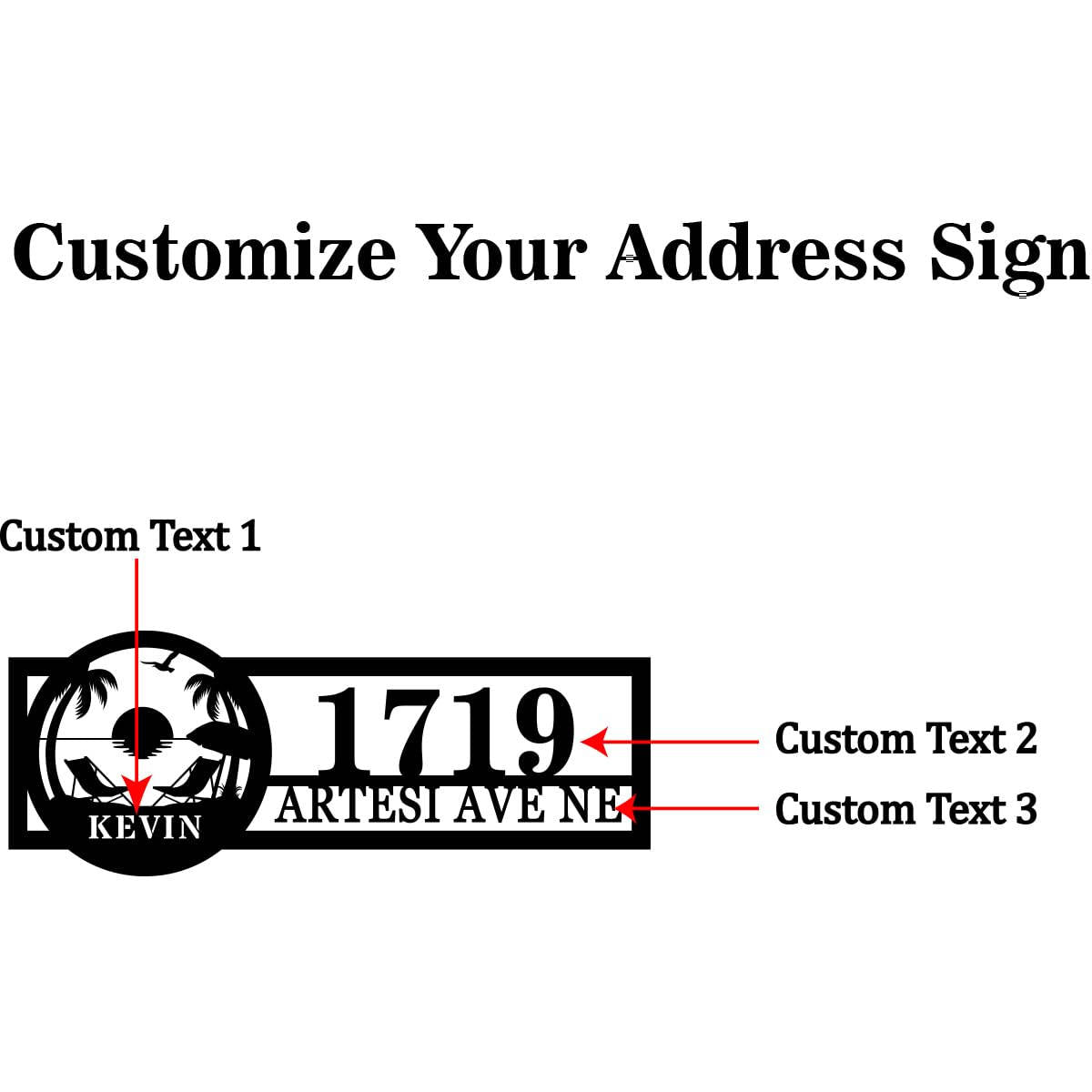 Custom tropical address metal sign with palm trees, ocean design, name Kevin, and house number 1719 for coastal home décor