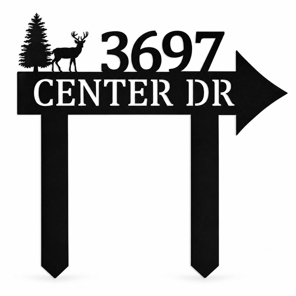 Personalized black metal address sign with deer, pine tree, house number, street name, right arrow, and ground stakes. Main image