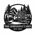 Personalized metal cabin sign with mountain and forest design, custom family name sign for cabin entrance, black powder coated steel wall decor.