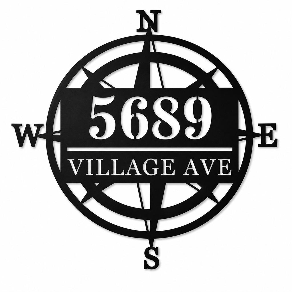 Personalized black metal compass address sign with custom house number and street name.