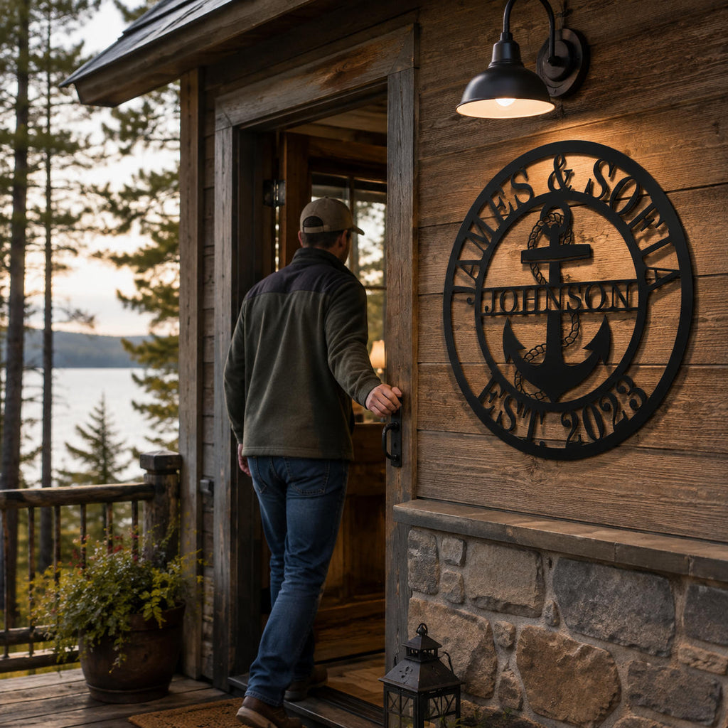 Personalized black metal family sign displayed on a rustic lake house cabin exterior