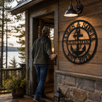 Personalized black metal family sign displayed on a rustic lake house cabin exterior