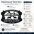 Personalization guide showing customizable text areas and example ideas for a metal farm sign.