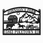Personalized black metal farm sign with barn, mountains, horse, cow, tractor, farm name, and address on a clean white background.