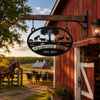 Personalized metal farm sign displayed outside a red barn with horses and cattle, custom steel ranch sign for farmhouse, stable, and country barn decor.