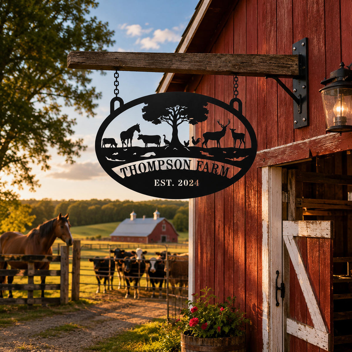 Personalized metal farm sign displayed outside a red barn with horses and cattle, custom steel ranch sign for farmhouse, stable, and country barn decor.