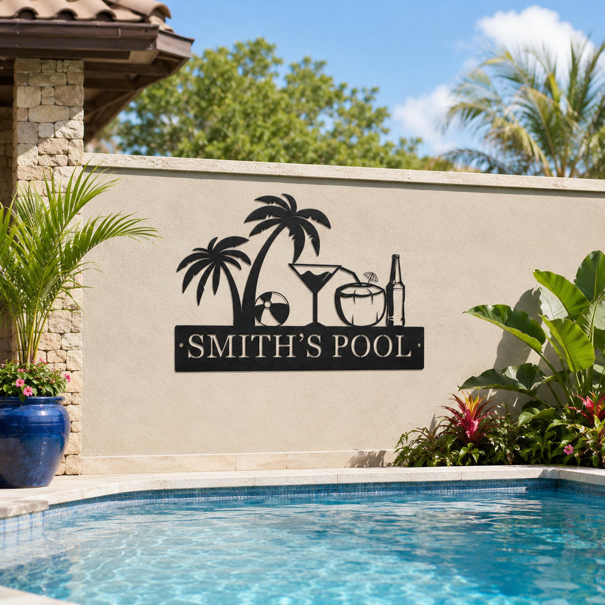 Personalized metal pool sign displayed beside a luxury backyard swimming pool, custom family name steel sign with tropical beach design.