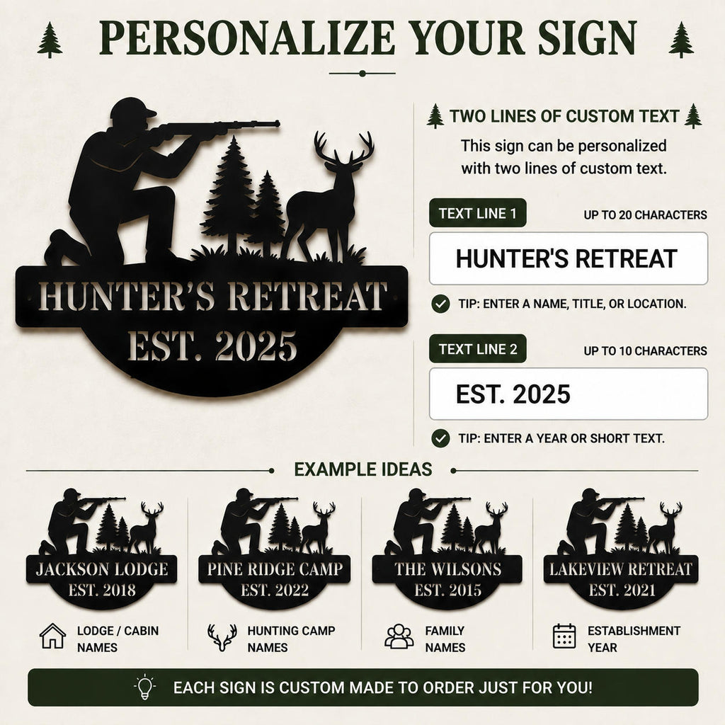 Personalized metal sign customization guide showing custom text line options and examples for cabin names