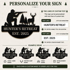 Personalized metal sign customization guide showing custom text line options and examples for cabin names