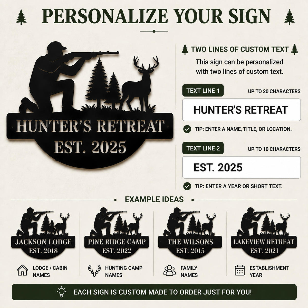 Personalized metal sign customization guide showing custom text line options and examples for cabin names