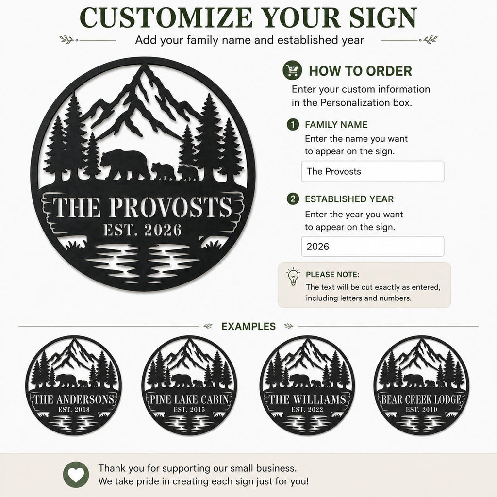 Customization guide showing how to enter a family name and established year for a personalized metal sign.
