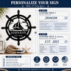 Customization guide showing how to personalize a metal sign with two custom text lines and example options.