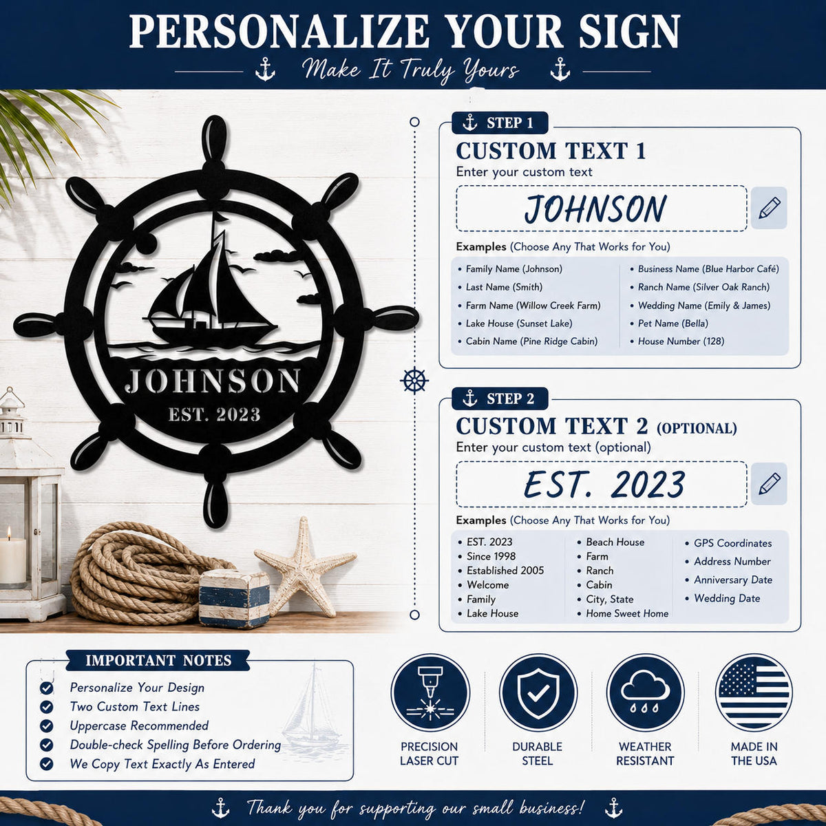 Customization guide showing how to personalize a metal sign with two custom text lines and example options.