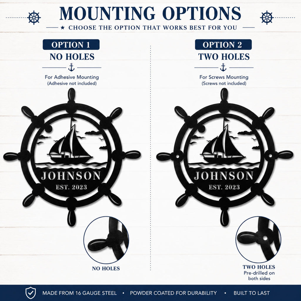 Comparison chart showing no-hole and two-hole mounting options for a personalized ship wheel metal sign.