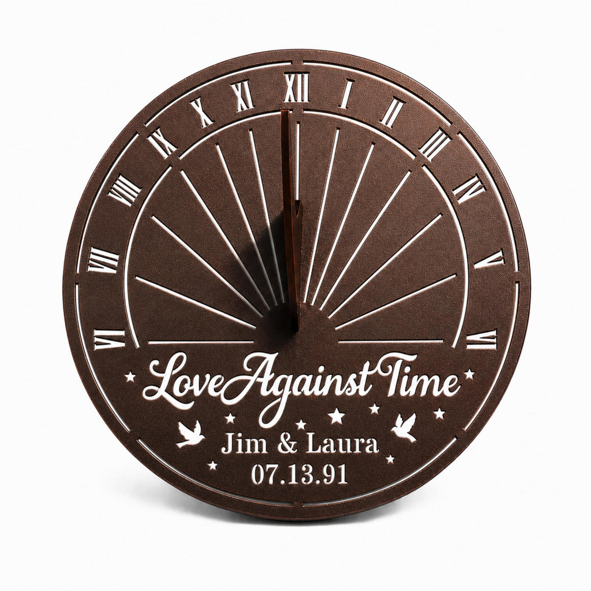 Personalized bronze metal sundial with custom names, anniversary date, and inspirational quote on a white background.