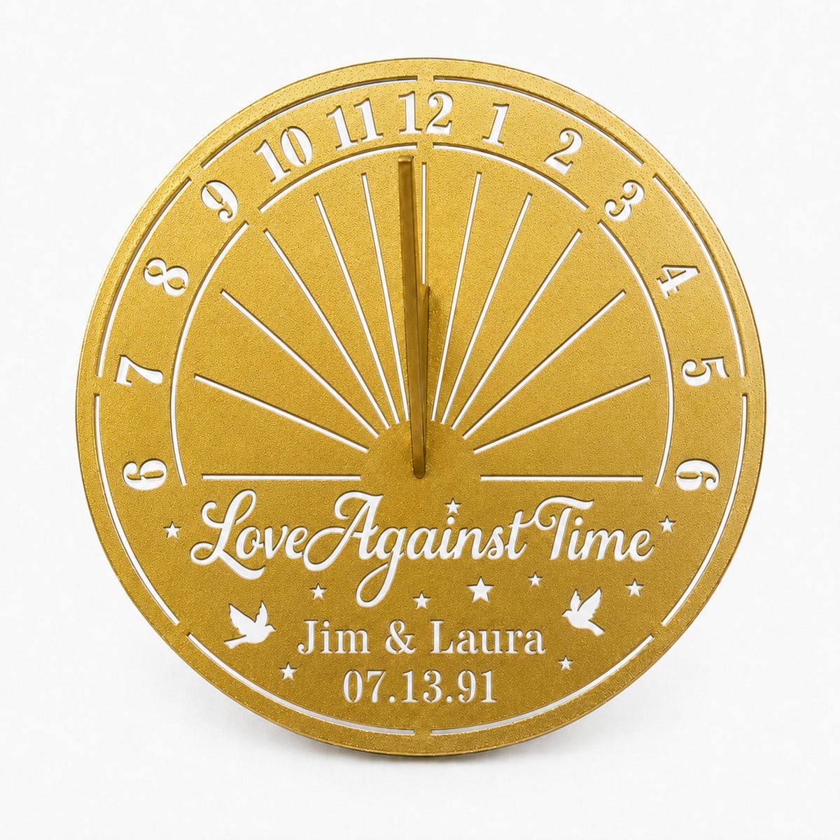 Personalized gold metal sundial with custom names, meaningful quote, and special date displayed on a white background. Main image
