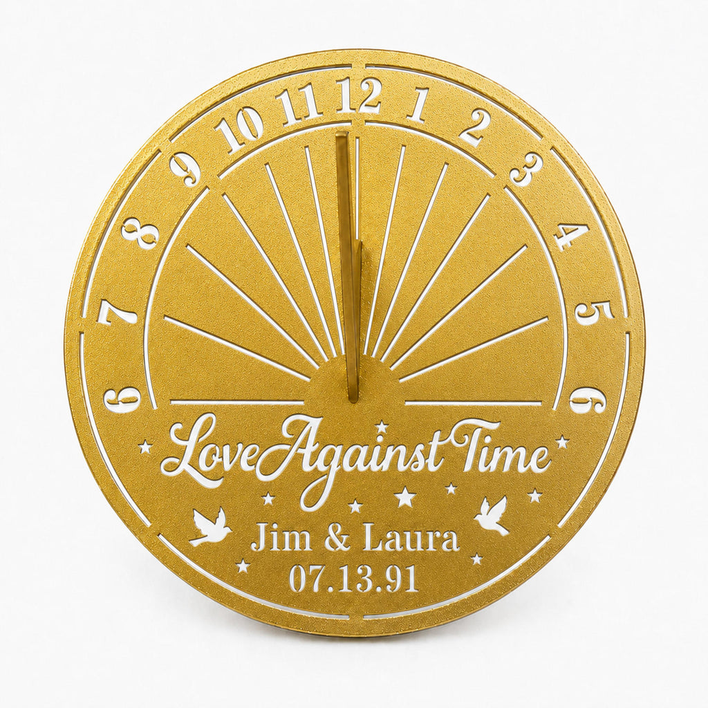 Personalized gold metal sundial with custom names, meaningful quote, and special date displayed on a white background.