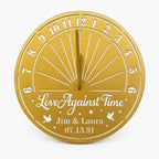 Personalized gold metal sundial with custom names, meaningful quote, and special date displayed on a white background.