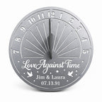 Personalized silver metal sundial featuring custom names, special date, and decorative sundial design on a white background.