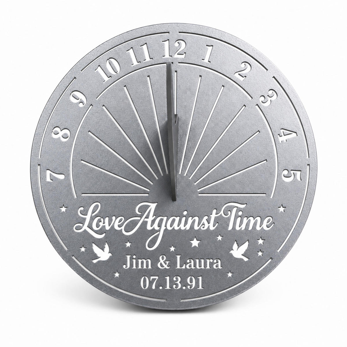 Personalized silver metal sundial featuring custom names, special date, and decorative sundial design on a white background.