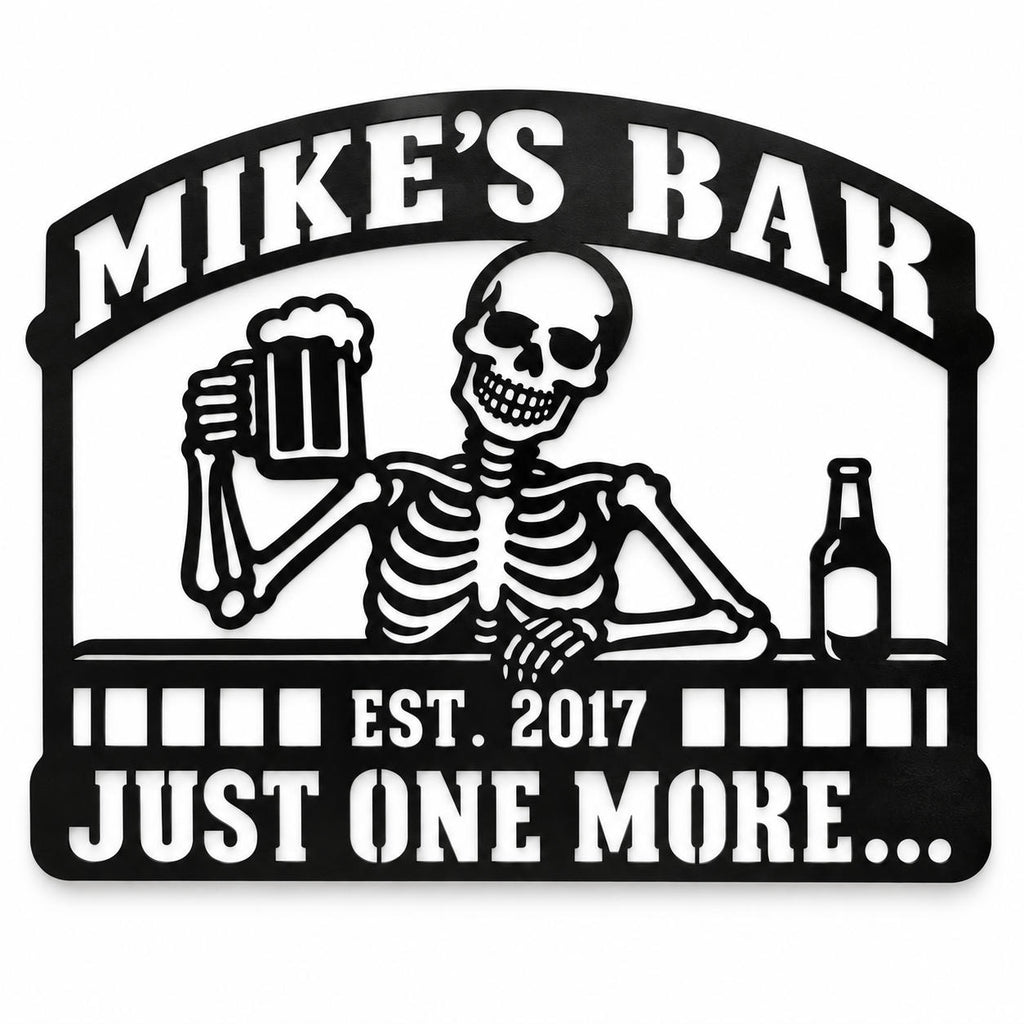 Personalized black metal bar sign featuring a skeleton holding a beer with custom bar name, established year, and quote.