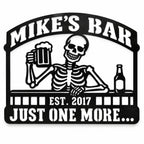 Personalized black metal bar sign featuring a skeleton holding a beer with custom bar name, established year, and quote.
