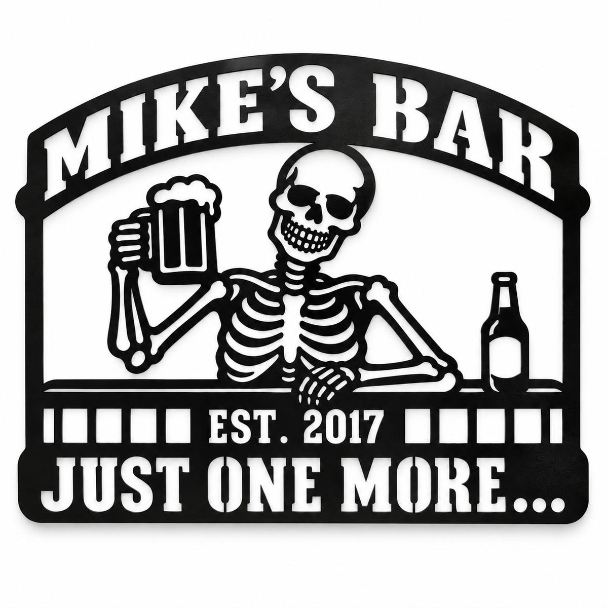 Personalized black metal bar sign featuring a skeleton holding a beer with custom bar name, established year, and quote.