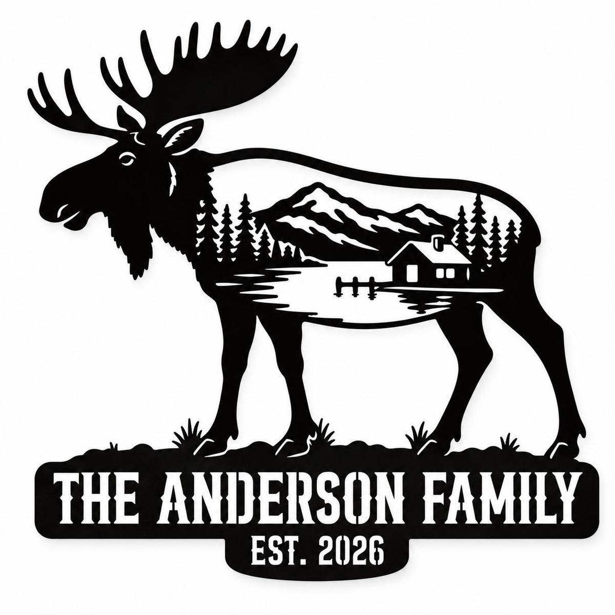 Personalized black moose metal family sign featuring The Anderson Family, mountain cabin scenery, and Est. 2026. Main image