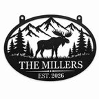 Personalized black metal moose family sign with mountains, pine trees, family name and established year.