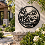 Personalized moose family metal sign displayed at a welcoming home entrance surrounded by stone and garden greenery.