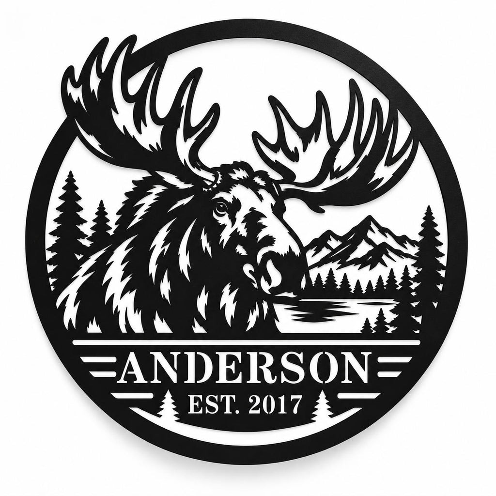 Personalized black metal moose sign featuring the Anderson family name, mountain, pine forest and lake design.