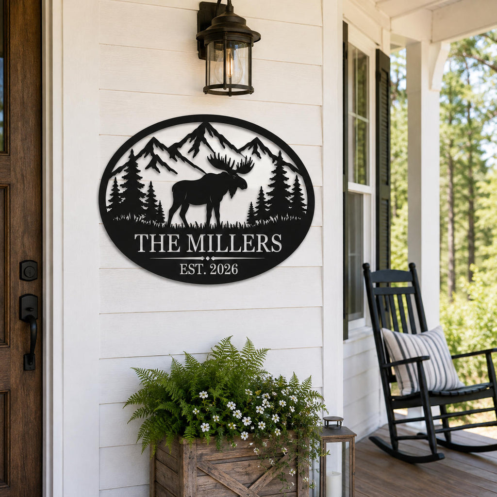 Personalized moose family metal sign displayed on a white American front porch wall.