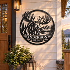 Personalized Anderson moose metal sign displayed on a rustic home porch with warm wood accents and mountain scenery.