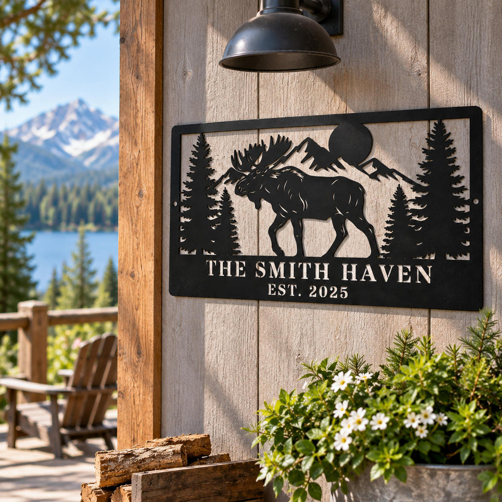 Personalized moose metal wall sign with two side mounting holes displayed outside a lakeside mountain cabin.
