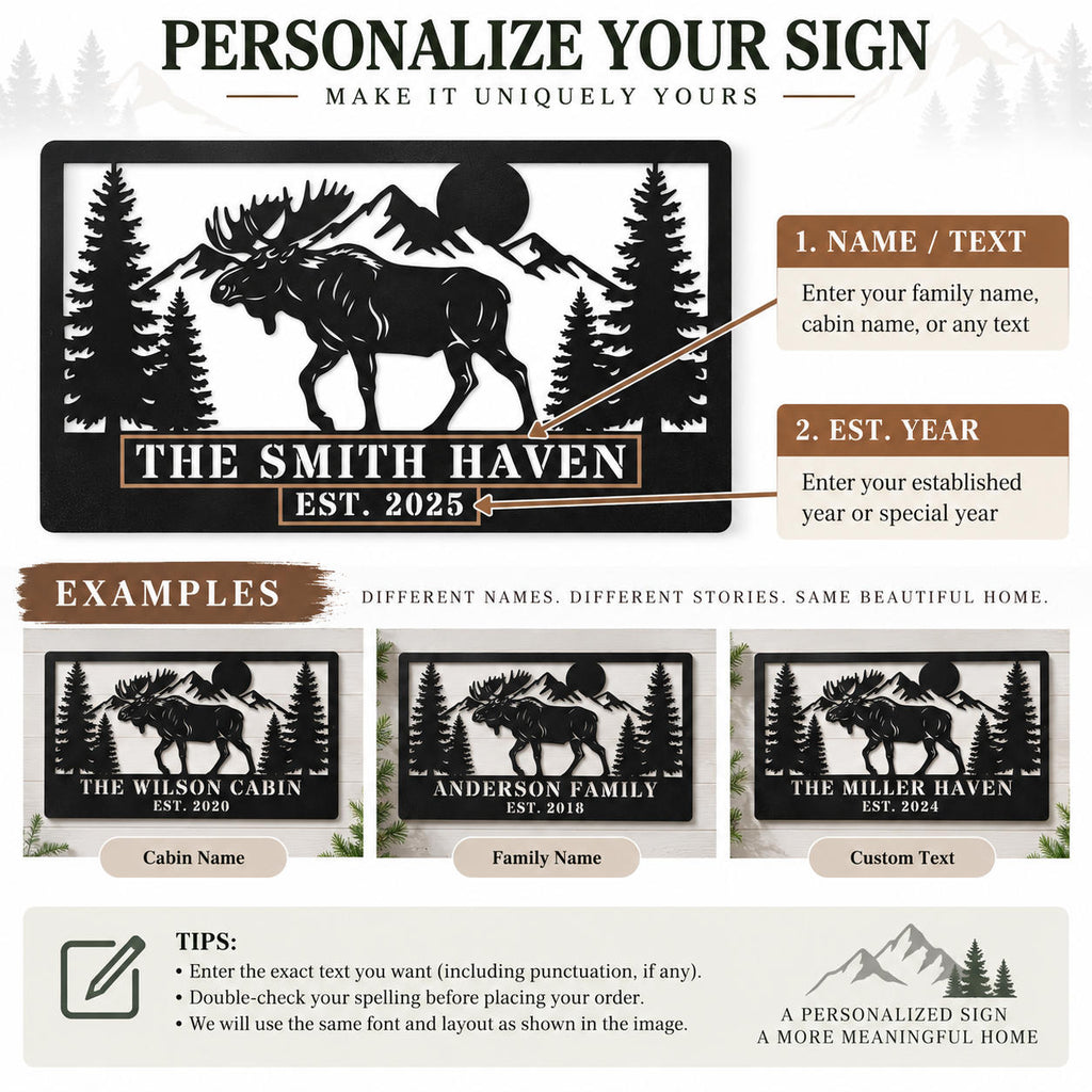 Personalization guide showing where to enter the custom family or cabin name and established year for the moose metal sign.