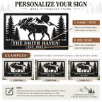 Personalization guide showing where to enter the custom family or cabin name and established year for the moose metal sign.