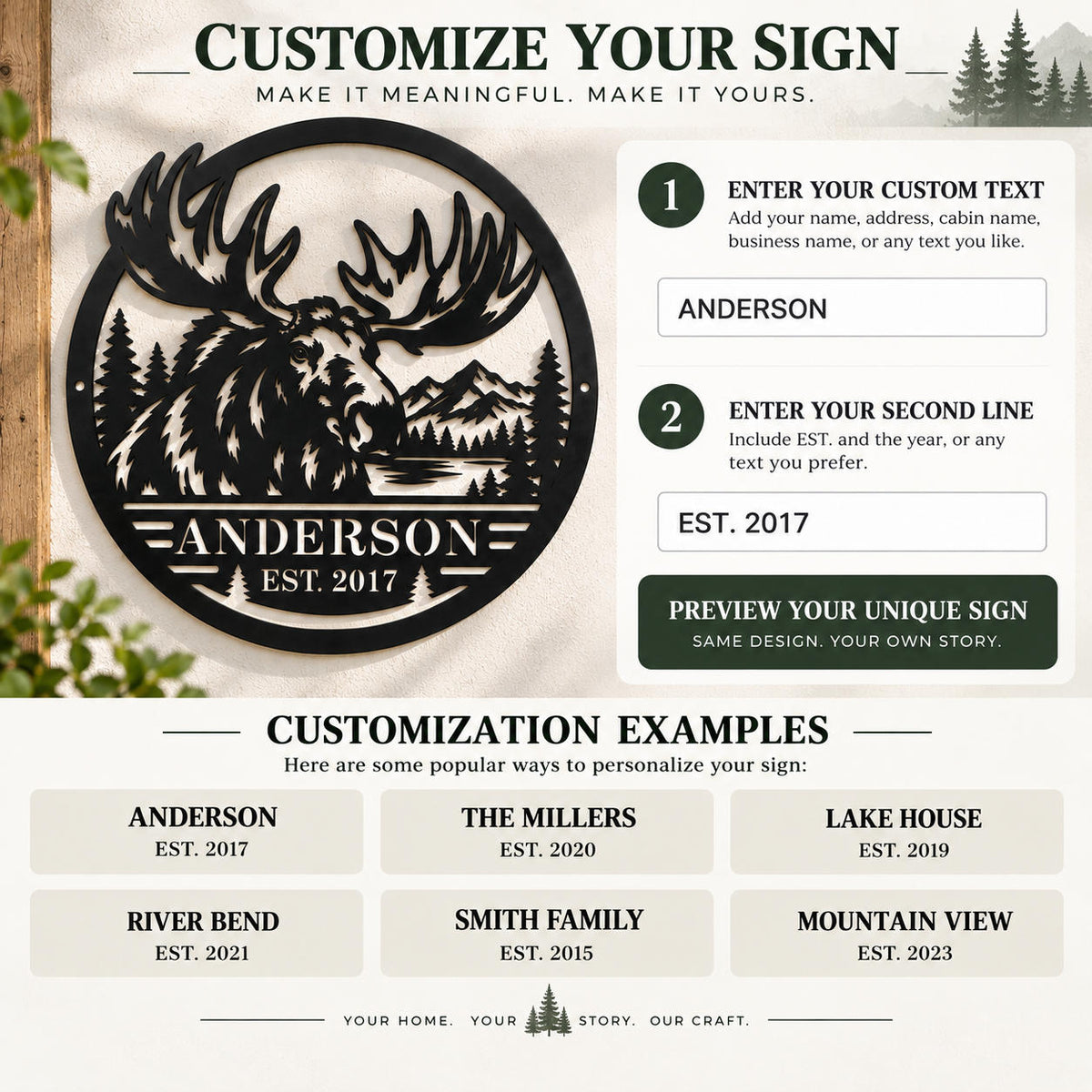 Customization guide for a personalized moose metal sign showing custom text fields and personalization examples.