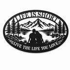 Personalized mountain lake couple metal sign with inspirational quote on a clean white background.