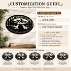 Customization guide showing how to personalize the mountain lake couple metal sign with your own custom text.