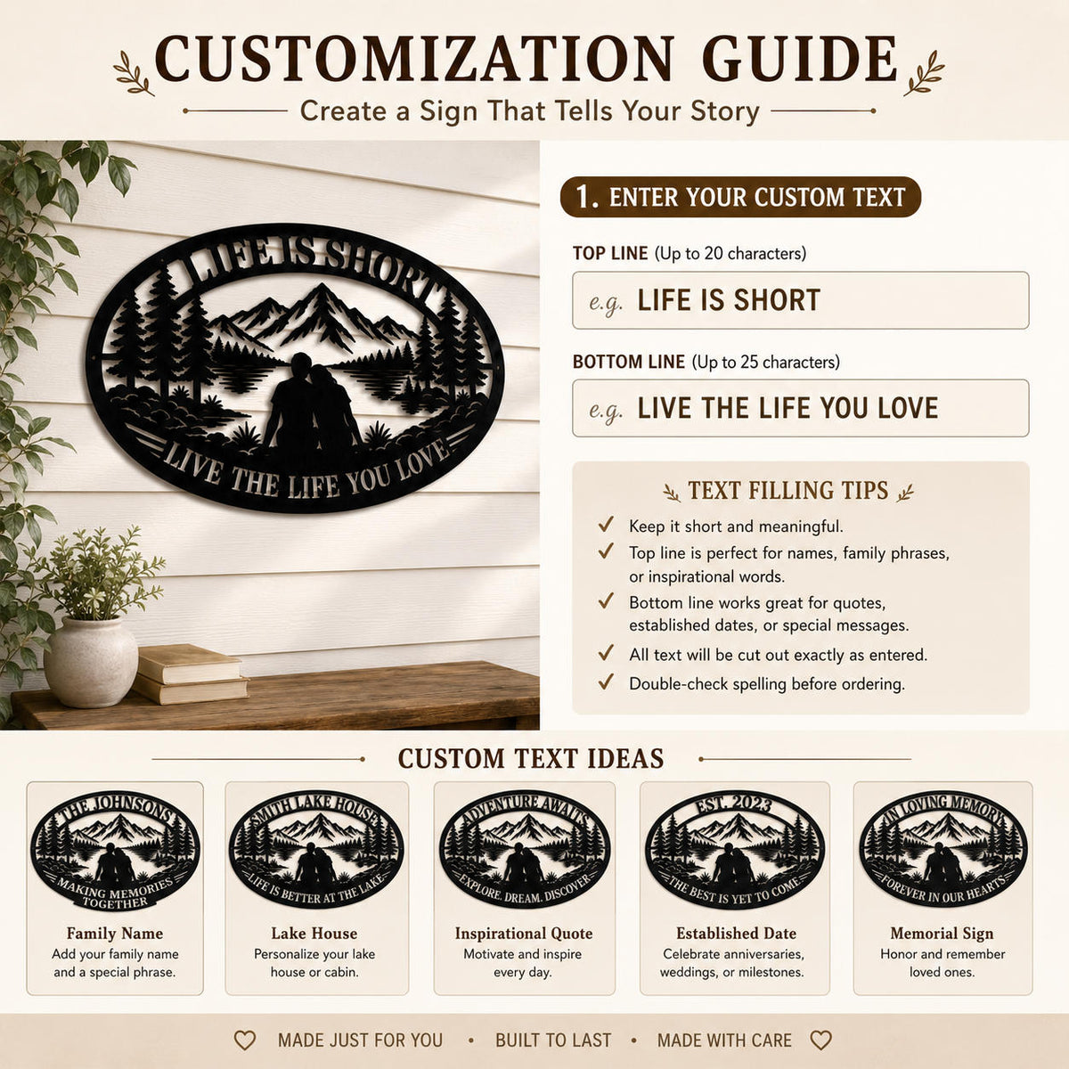 Customization guide showing how to personalize the mountain lake couple metal sign with your own custom text.