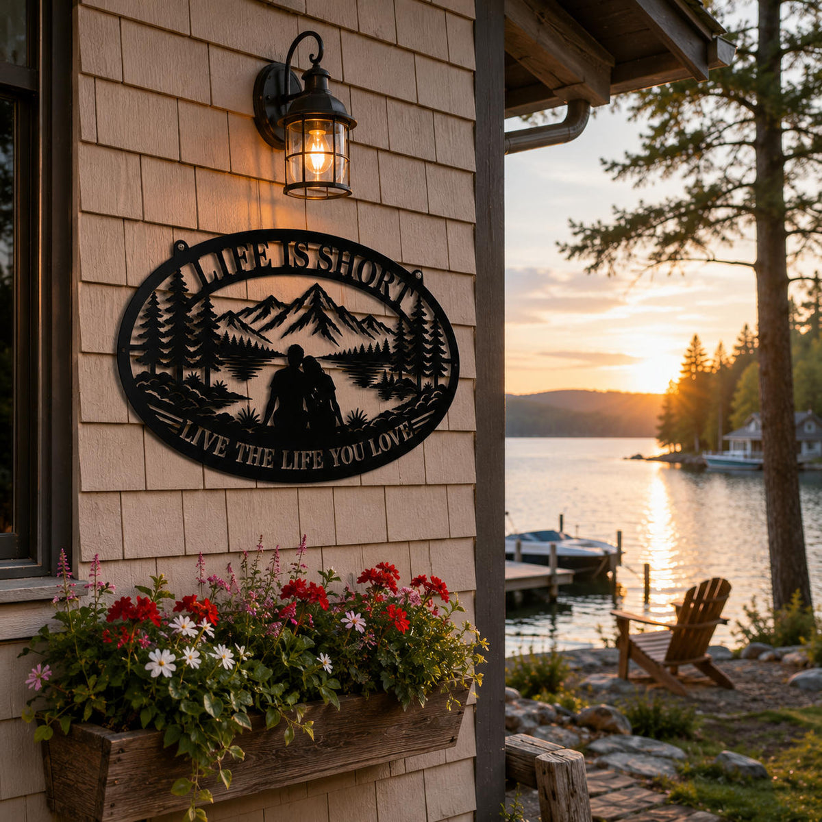Personalized mountain lake couple metal sign mounted on the exterior wall of a beautiful lakeside home.