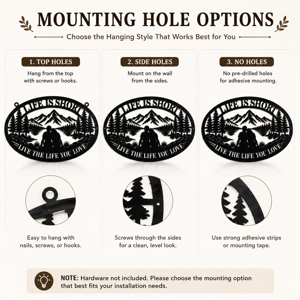 Comparison of mounting options for the personalized mountain lake couple metal sign, including no holes, hanging loops, and side holes.