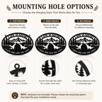 Comparison of mounting options for the personalized mountain lake couple metal sign, including no holes, hanging loops, and side holes.